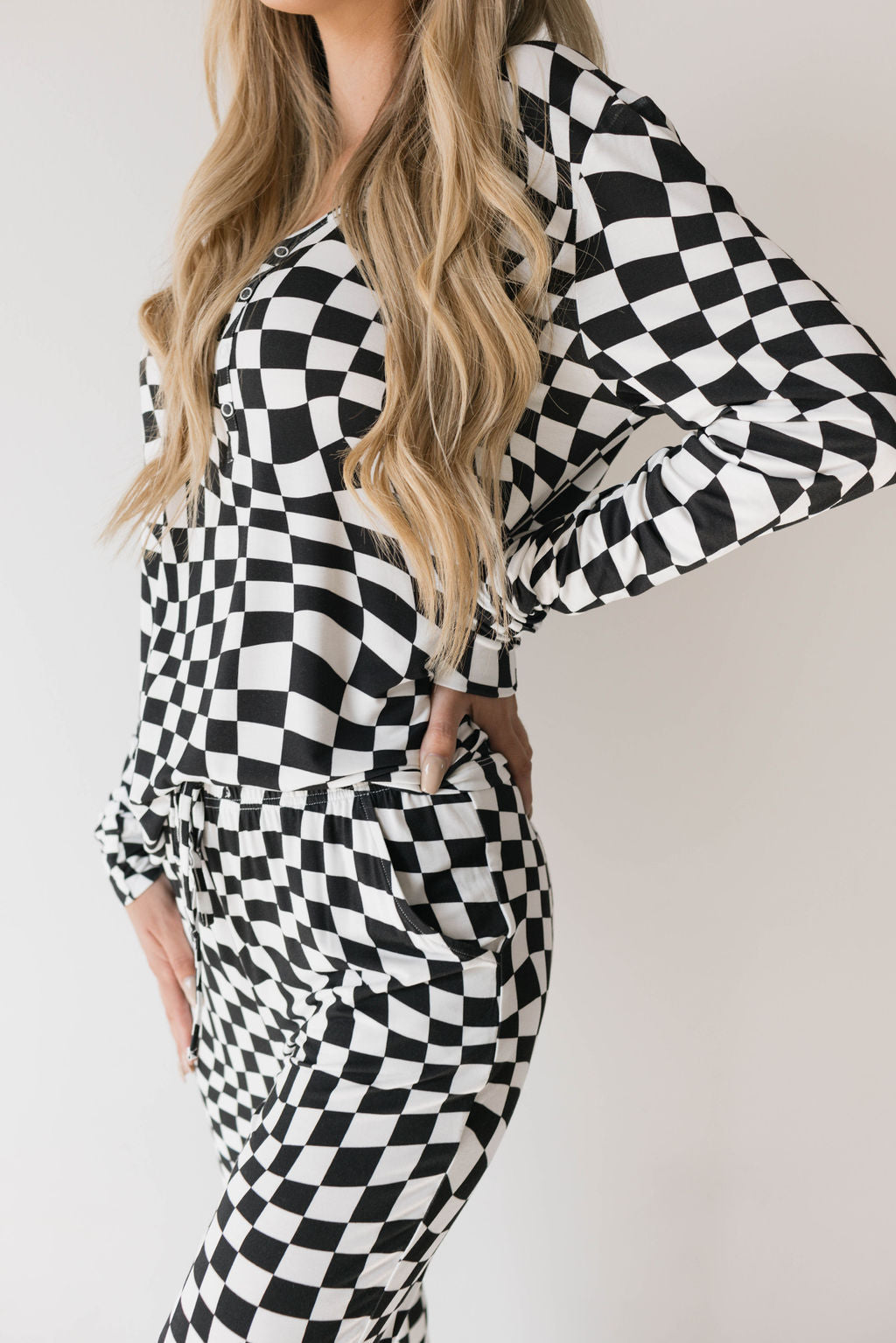 women's bamboo pajamas  // black + white wavy checkerboard