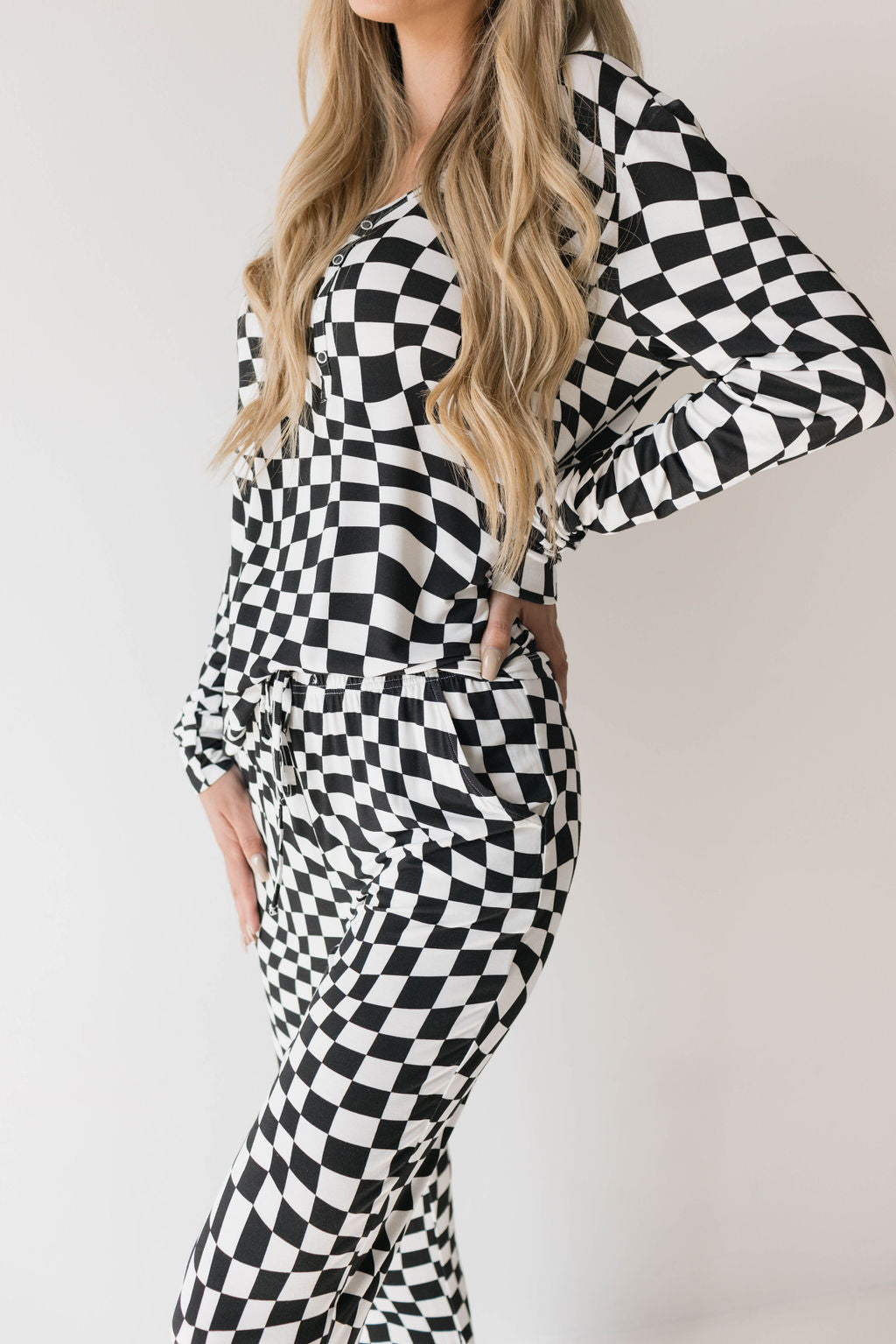women's bamboo pajamas  // black + white wavy checkerboard