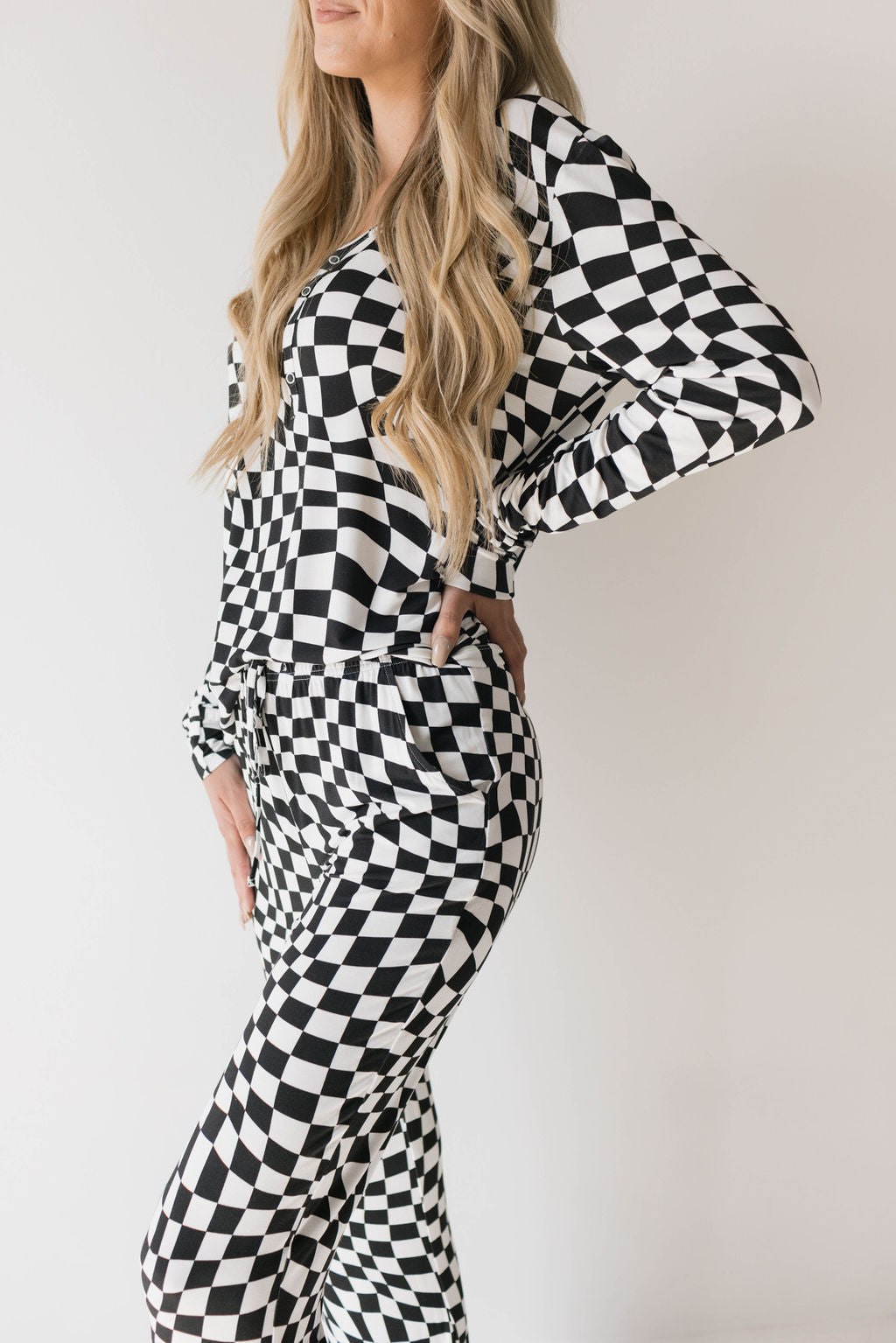 women's bamboo pajamas  // black + white wavy checkerboard