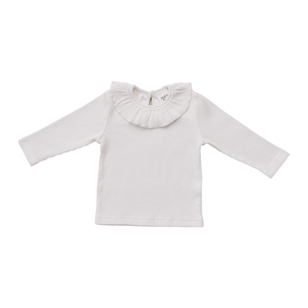 white ribbed ruffle long-sleeve top