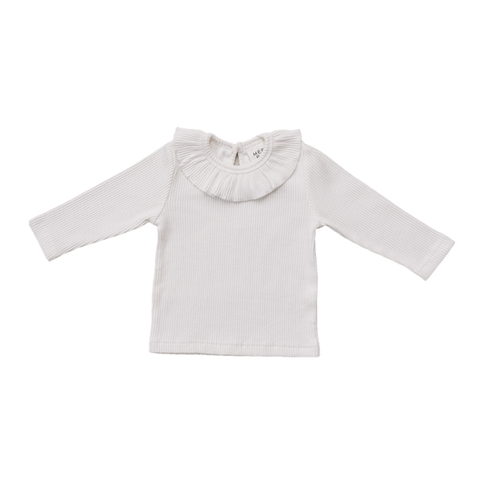 white ribbed ruffle long-sleeve top
