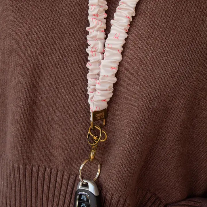 scrunched fabric lanyard keychain // pink bows
