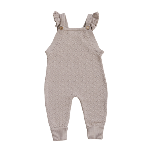 taupe ruffle knit overalls