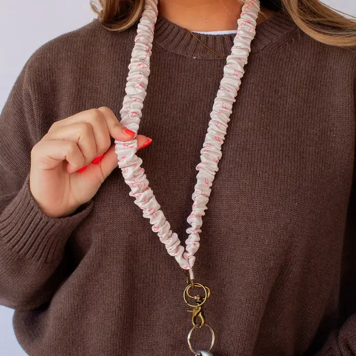scrunched fabric lanyard keychain // pink bows