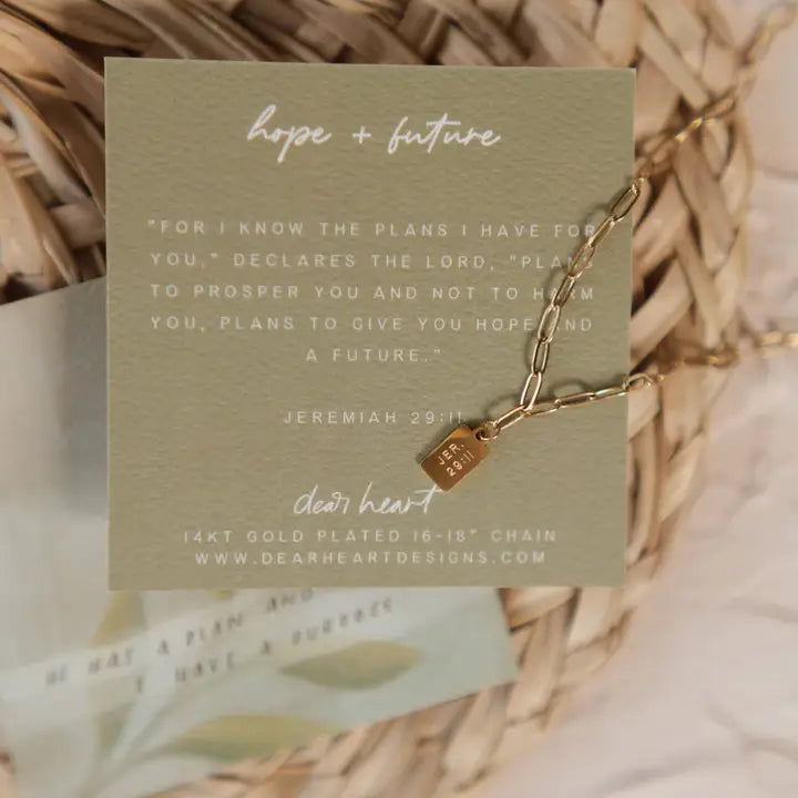 mini tag necklace // hope + future (14k gold)
