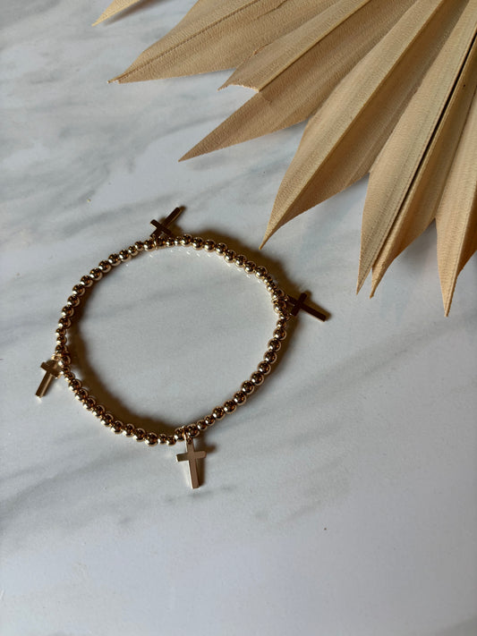 gold dangly cross beaded stretchy bracelet // for women