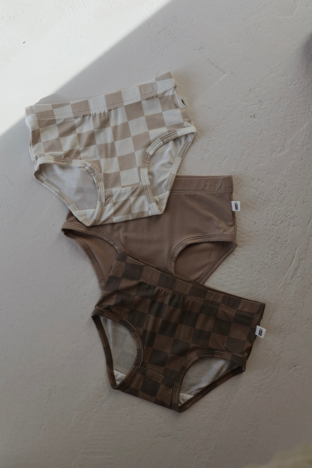 girl's bamboo briefs (3 pack) // checkerboard, taupe, faded brown checkerboard