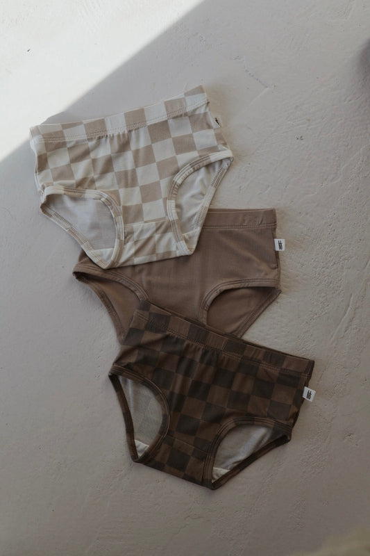 girl's bamboo briefs (3 pack) // checkerboard, taupe, faded brown checkerboard
