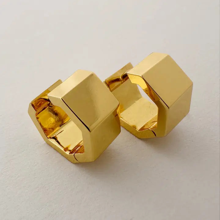 gold hexagon huggie hoop earrings