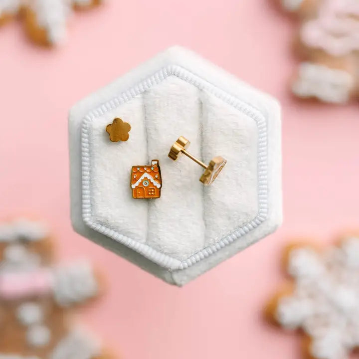 18k gold flat back studs // gingerbread house