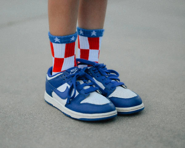 red, white, + check socks