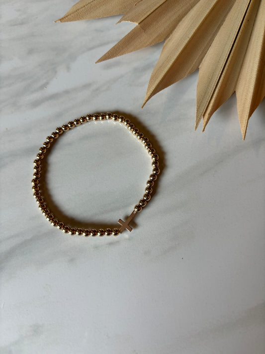 gold cross beaded stretchy bracelet // for women