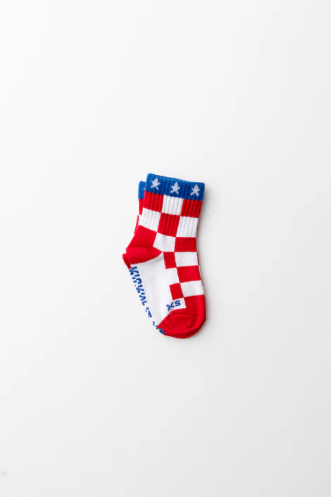 red, white, + check socks