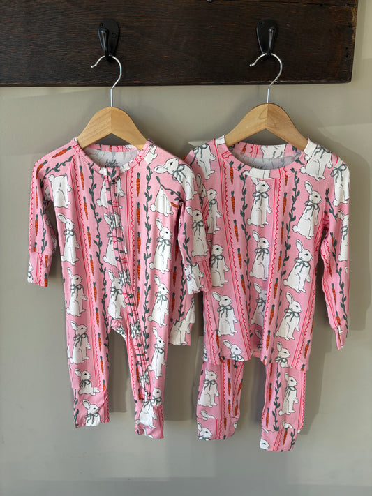 pink rabbit bamboo pajamas // ZIPPY or LONG-SLEEVE TWO-PIECE SET