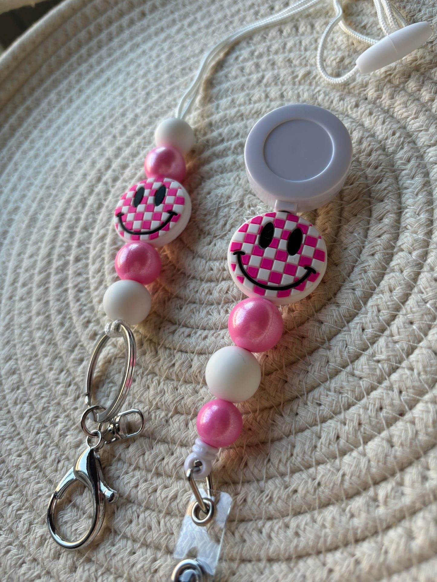 beaded lanyard or badge reel // pink checkered smiley