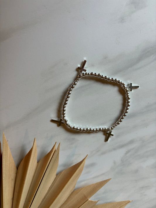 silver dangly cross beaded stretchy bracelet // for women