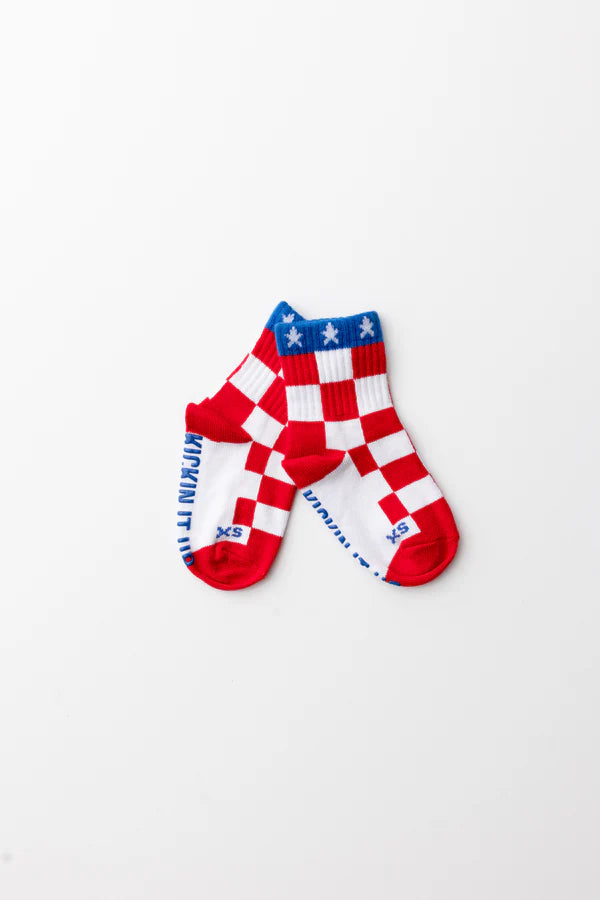 red, white, + check socks