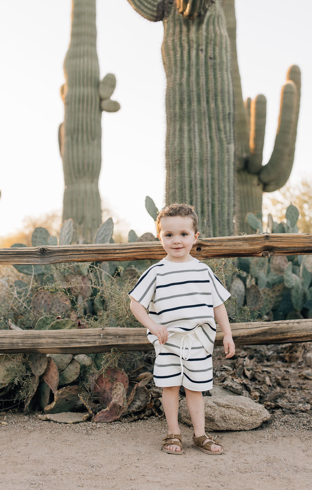 sage + navy stripe knit set