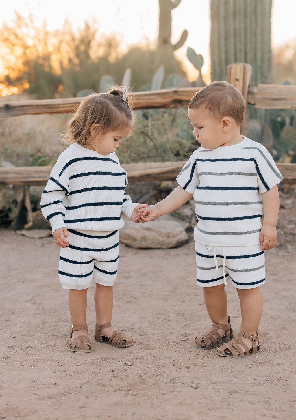 sage + navy stripe knit set