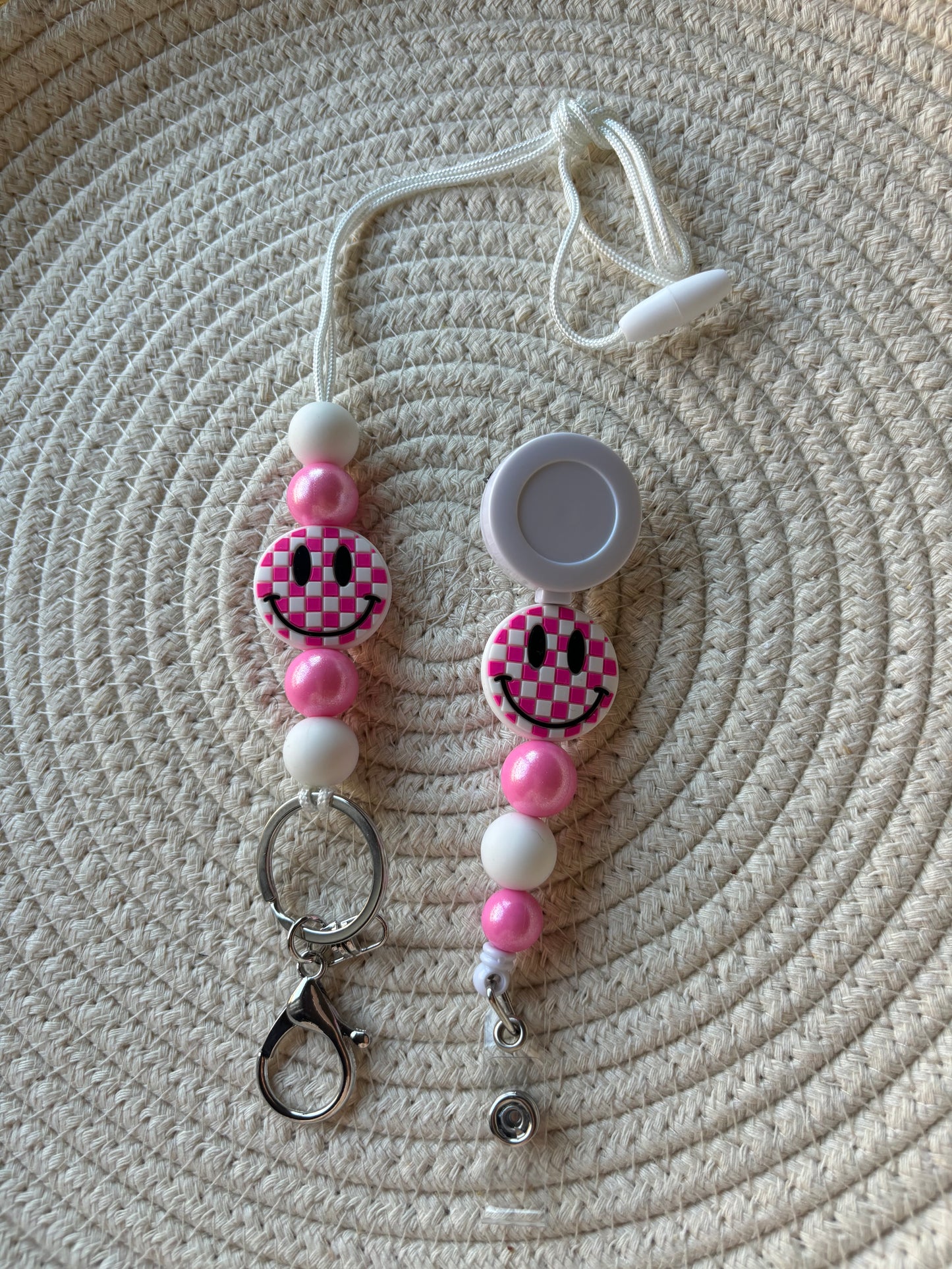 beaded lanyard or badge reel // pink checkered smiley