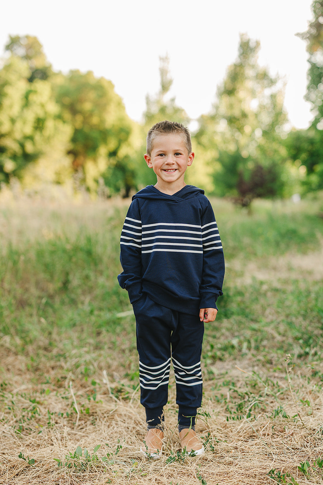 hooded french terry set // navy stripes
