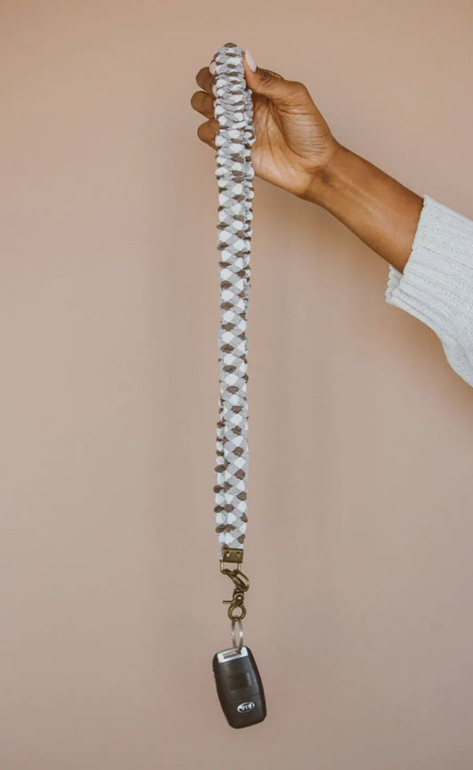 scrunched fabric lanyard keychain // brown checkered