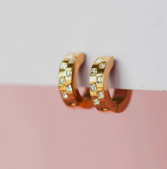 rhinestone + gold checkered huggies // 18k gold