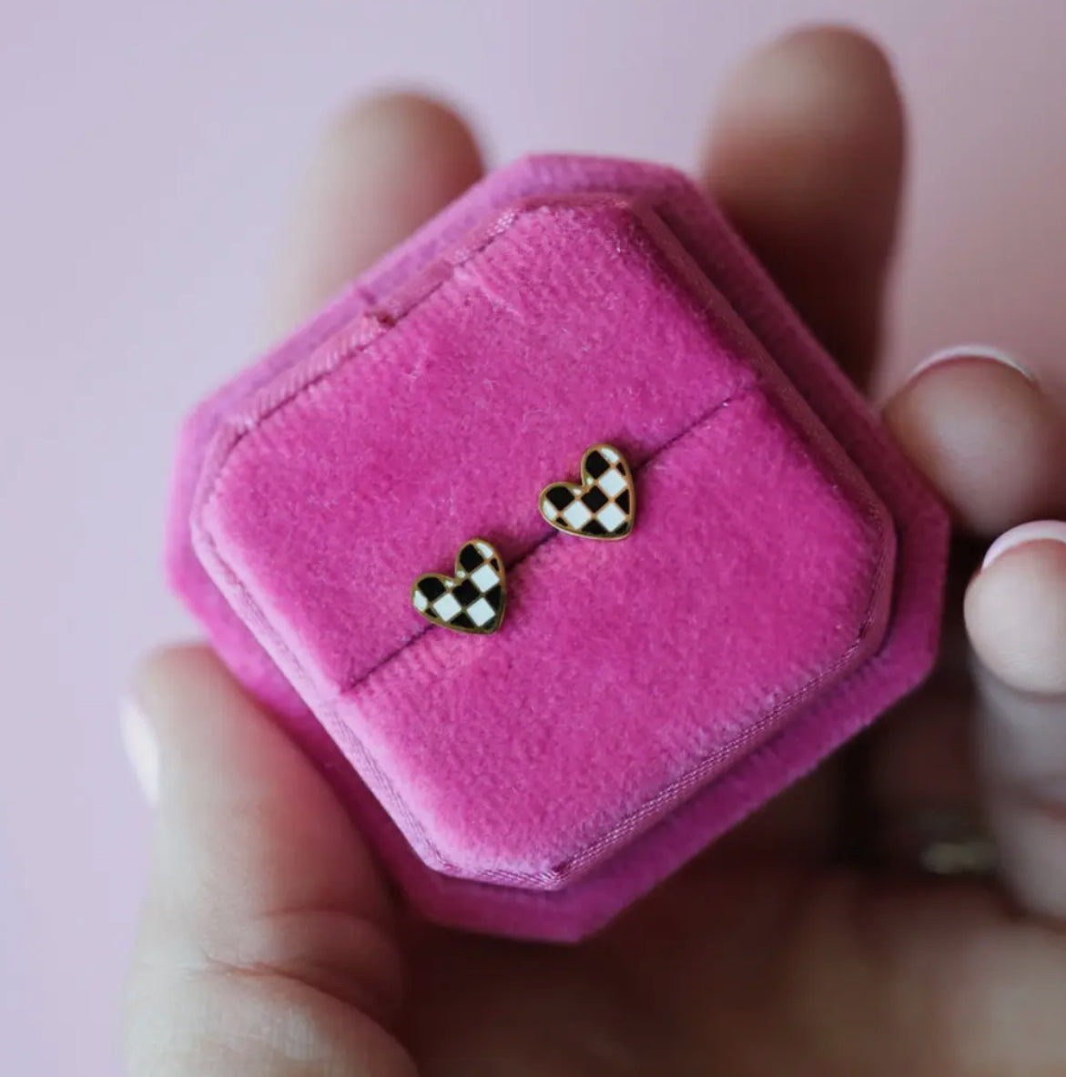 black + white checkered heart flat back studs // 18k gold