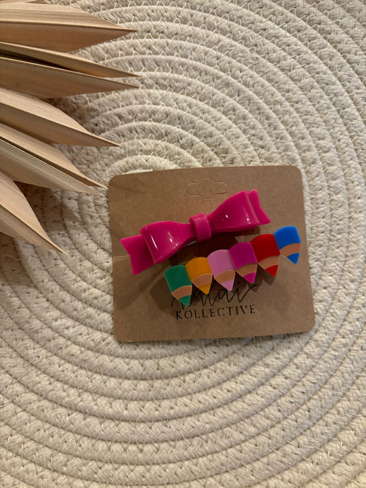 colorful pencil + pink bow hair clips // set of 2