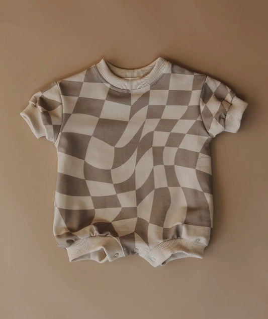 wavy checkerboard oversized summer sweatshirt romper // gender neutral