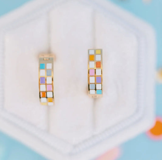 rainbow checkered huggies // 18k gold