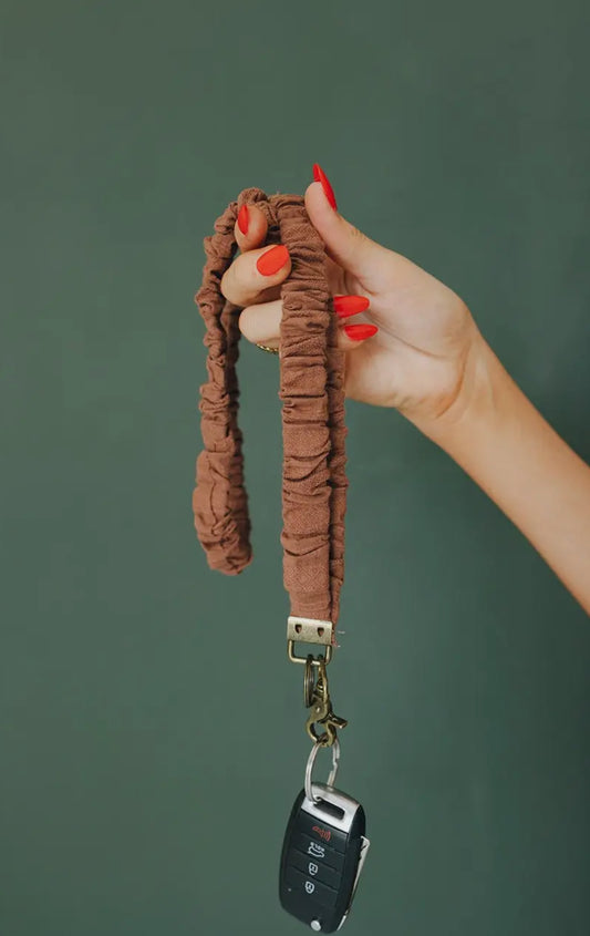scrunched fabric lanyard keychain // woodland