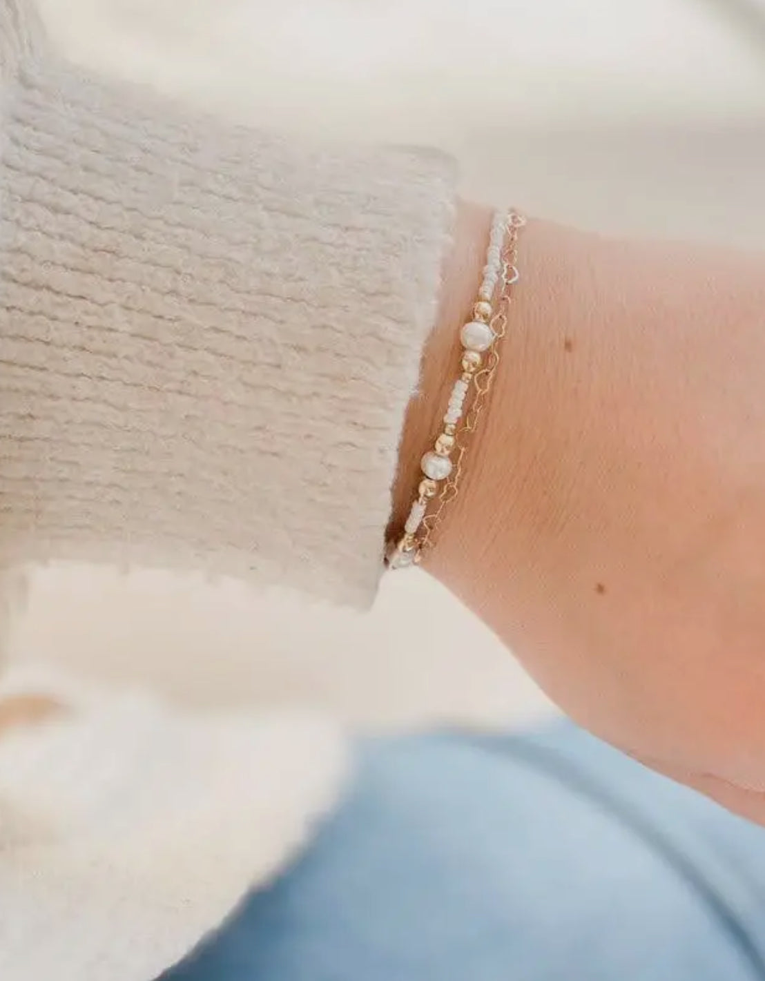 baby/toddler bracelet // pearls, whites, + golds