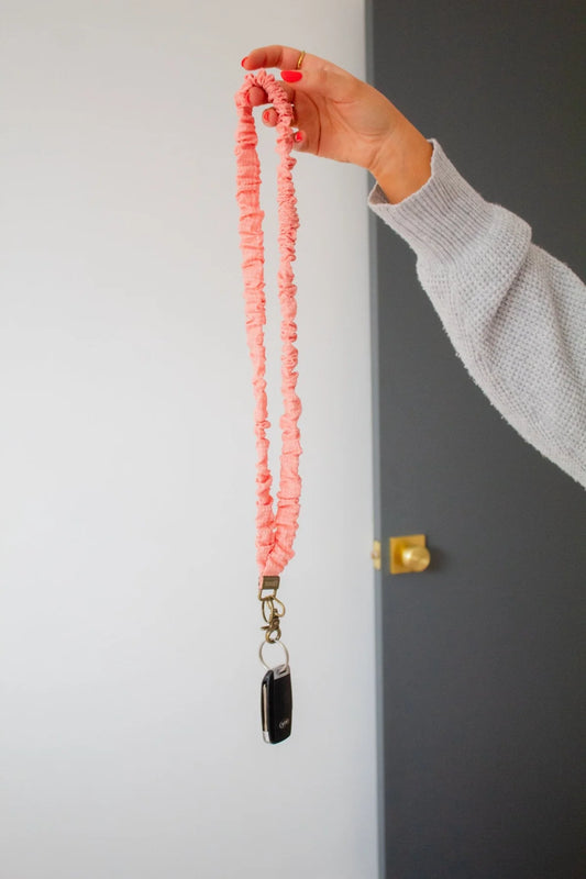 scrunched fabric lanyard keychain // coral gingham