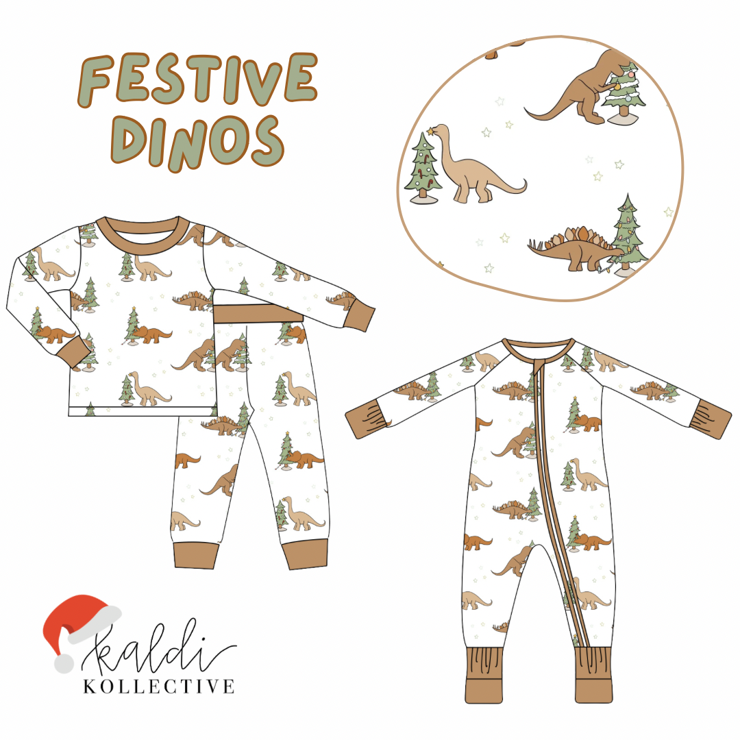 festive dinos bamboo pajamas // zippy or long-sleeve two-piece set