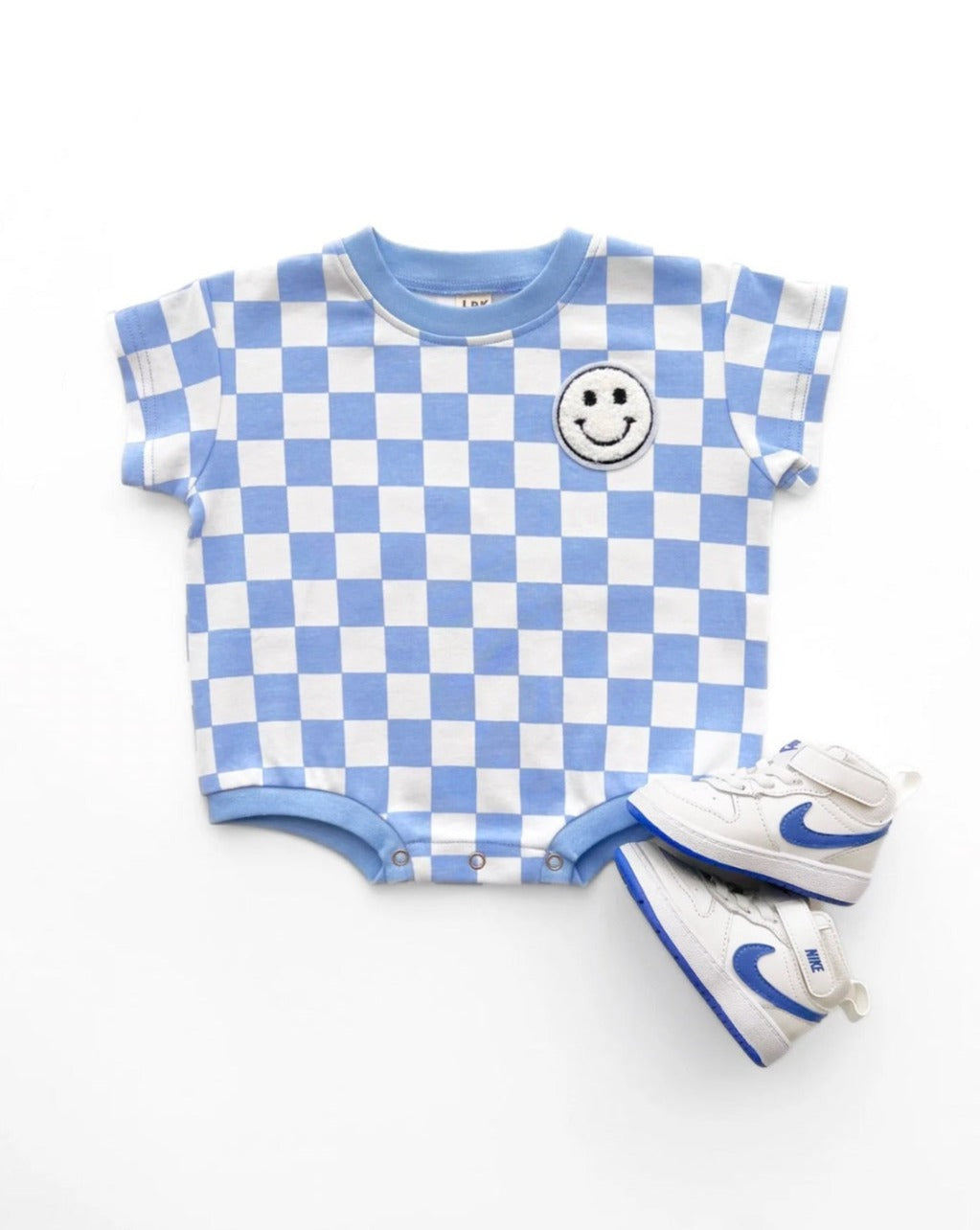 short sleeve bubble romper // checkered smiley blue