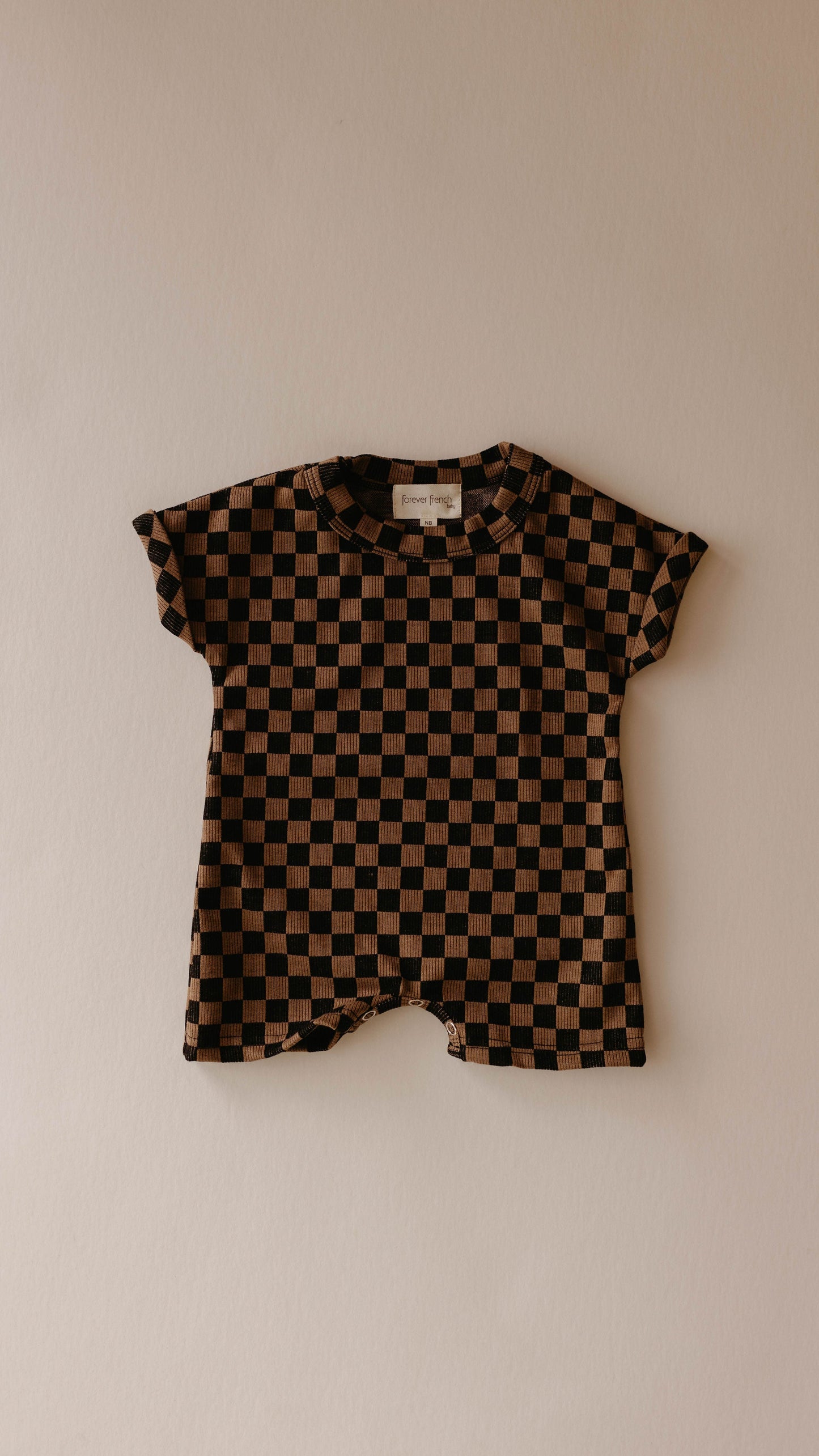 short sleeve ribbed romper // black + brown checkerboard