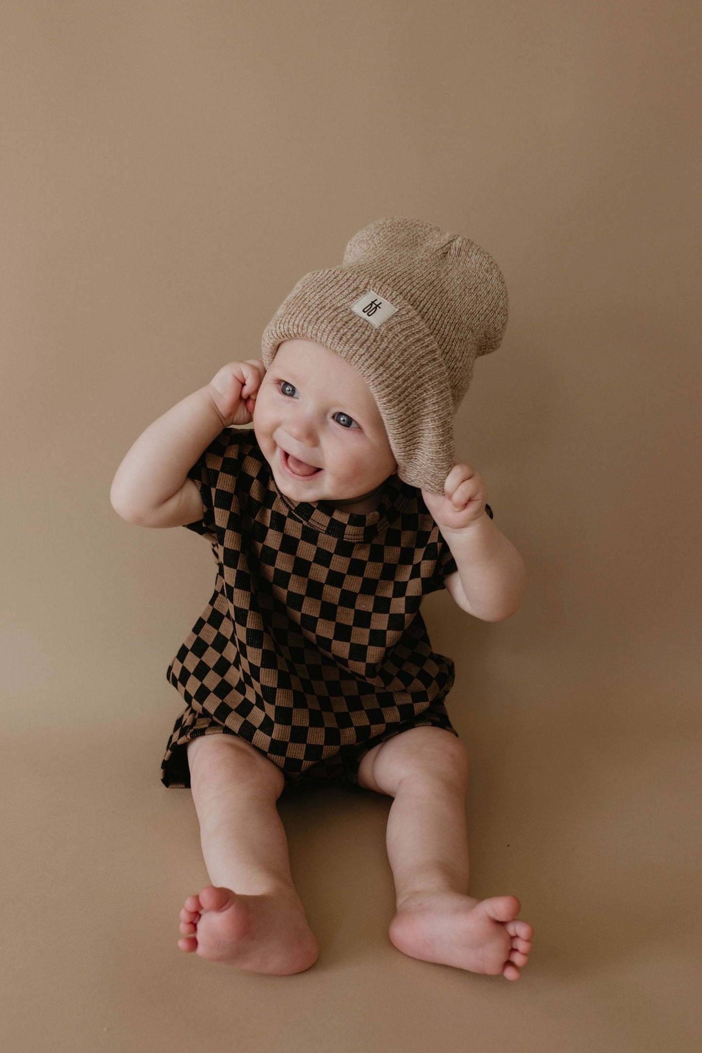 short sleeve ribbed romper // black + brown checkerboard