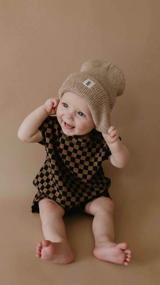 short sleeve ribbed romper // black + brown checkerboard