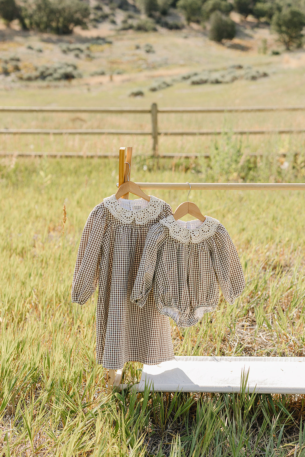 camel gingham lace dress