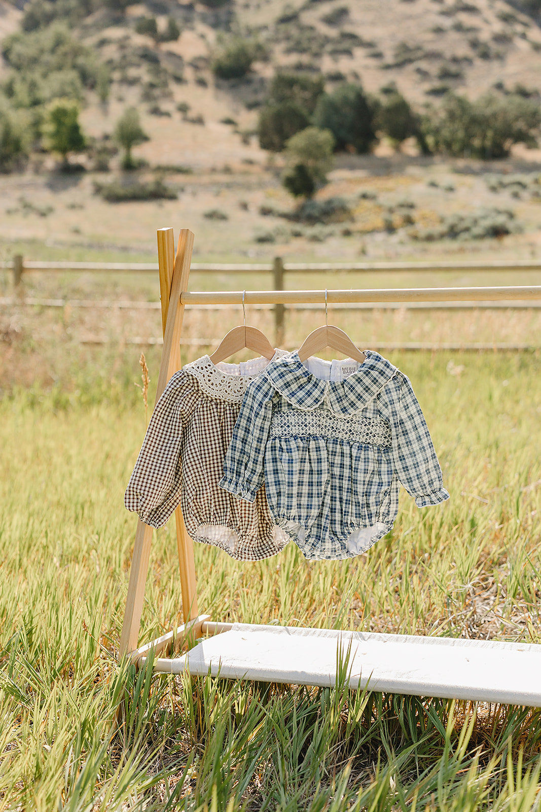 blue plaid ruffle collar bubble romper