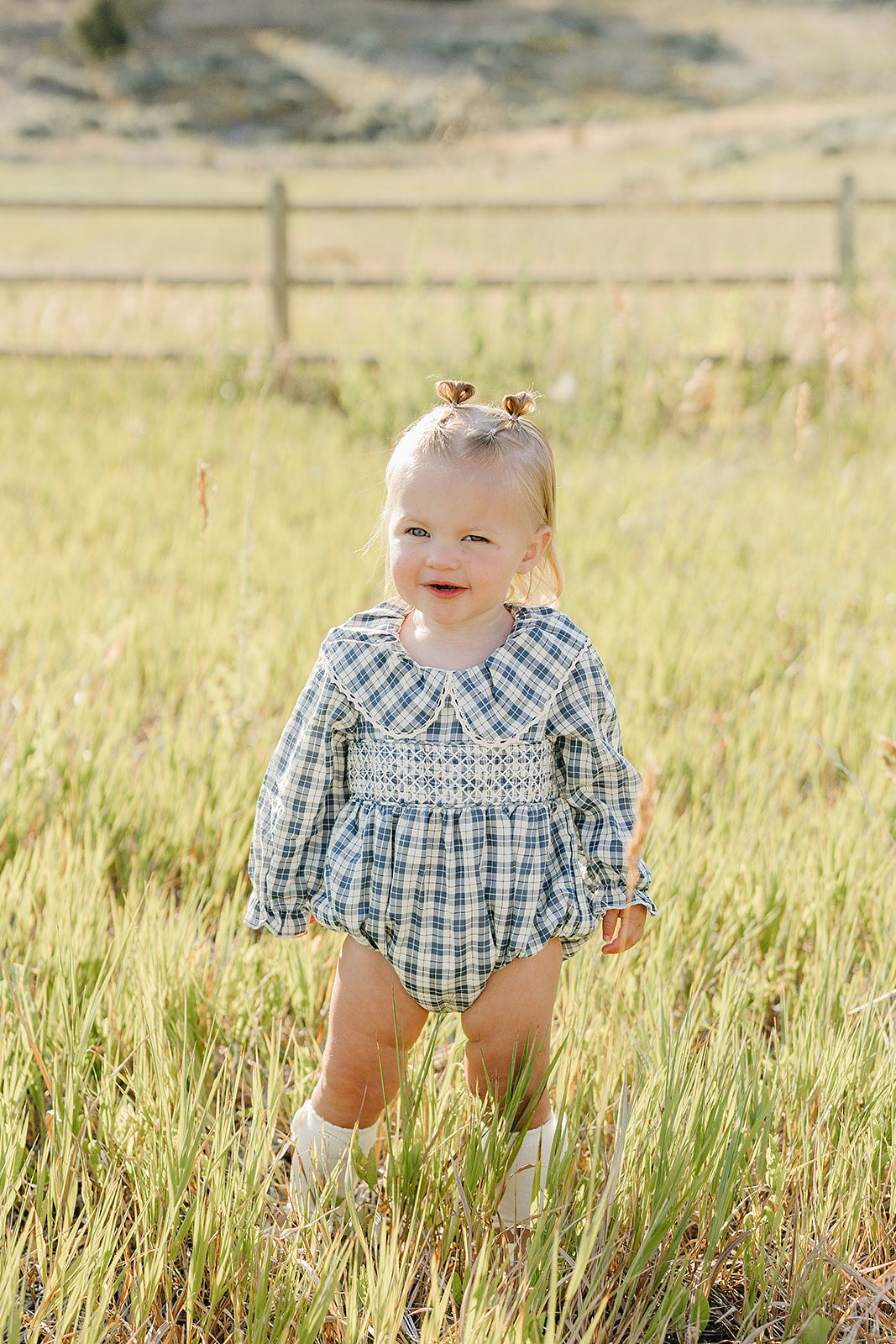 blue plaid ruffle collar bubble romper