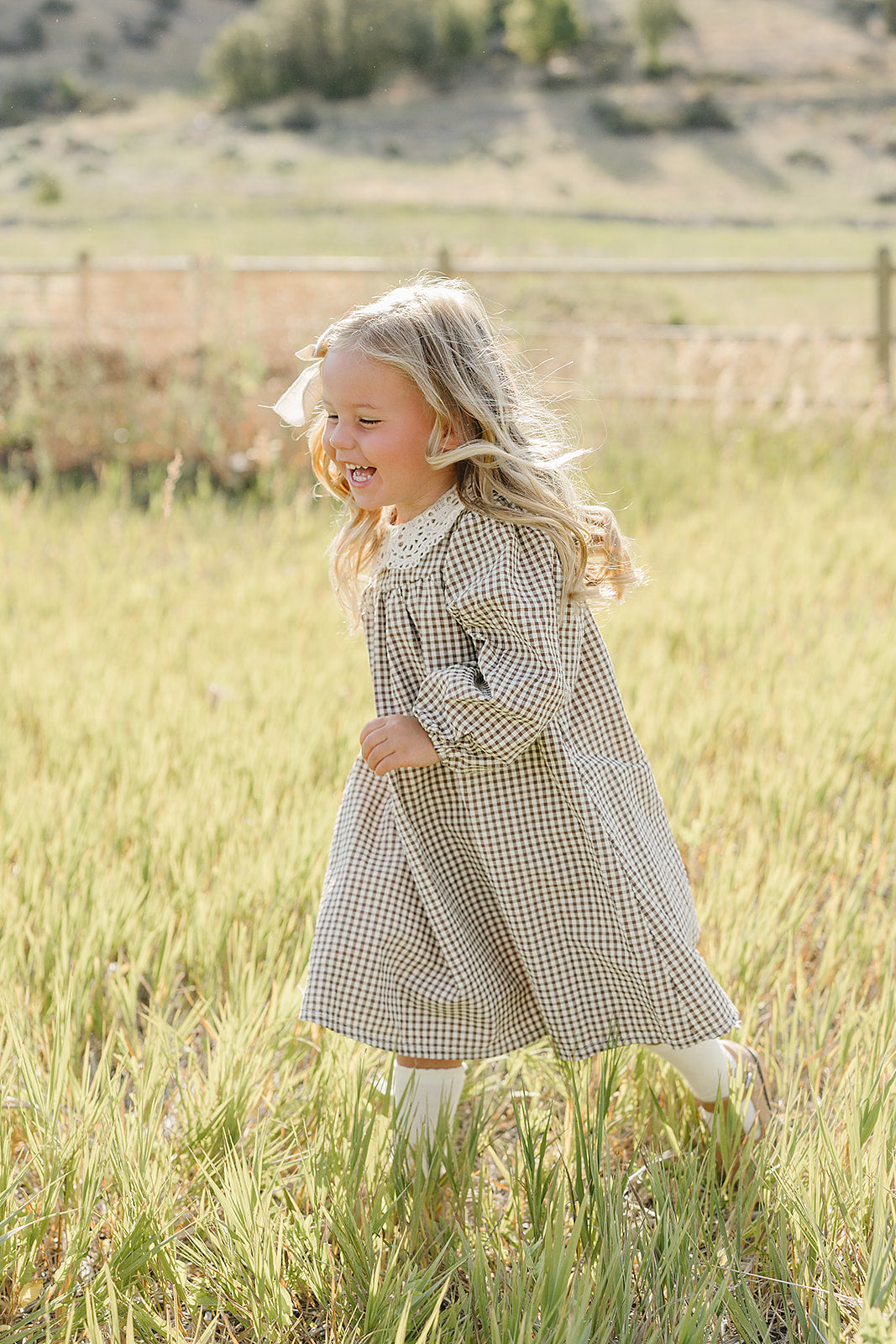 camel gingham lace dress
