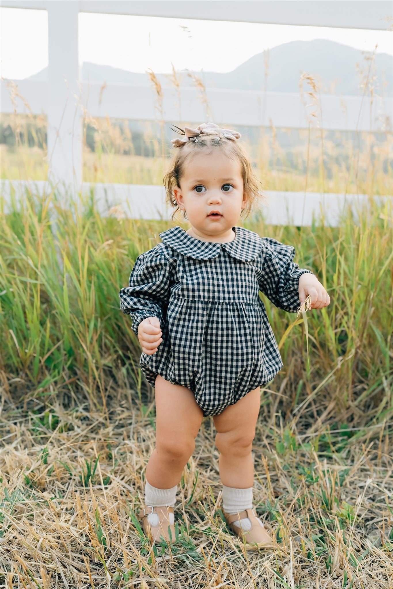 gingham collared long-sleeve bubble romper