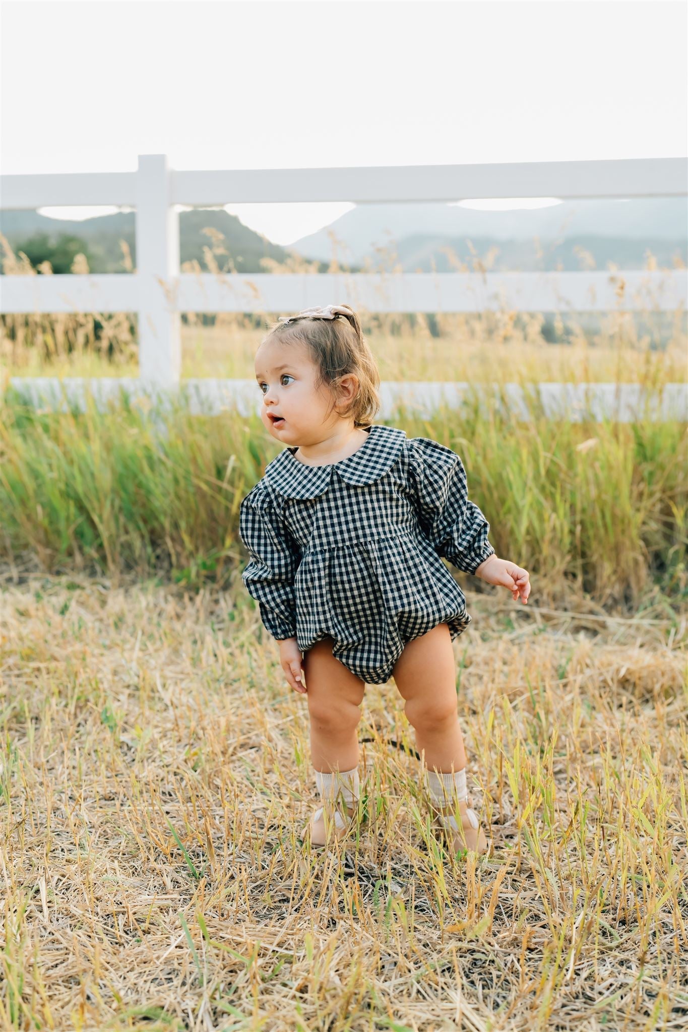 gingham collared long-sleeve bubble romper