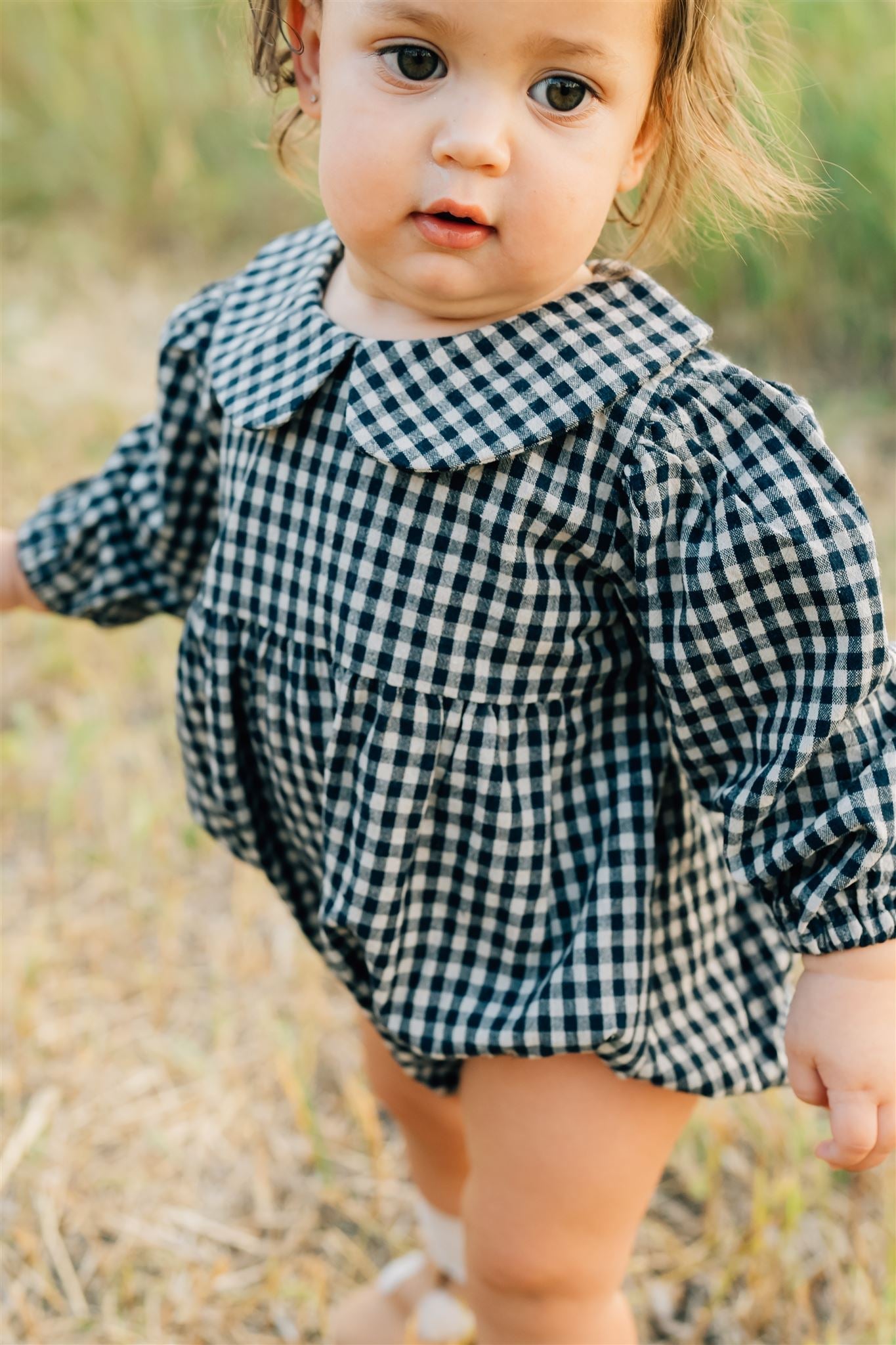 gingham collared long-sleeve bubble romper