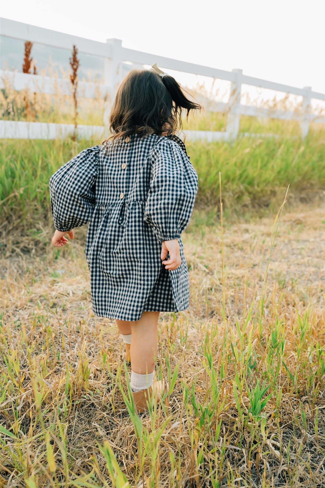 gingham long-sleeve ruffle linen dress