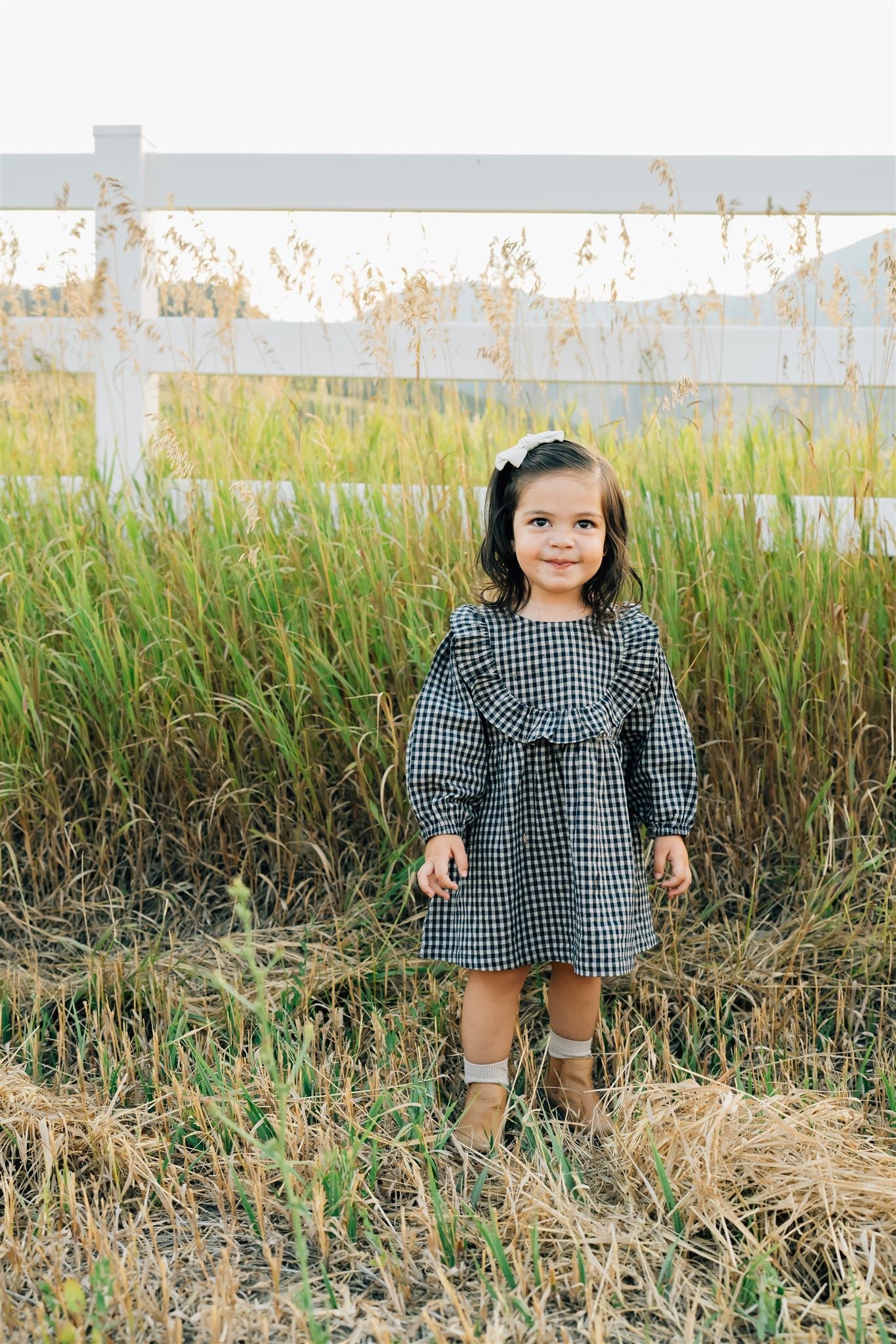 gingham long-sleeve ruffle linen dress