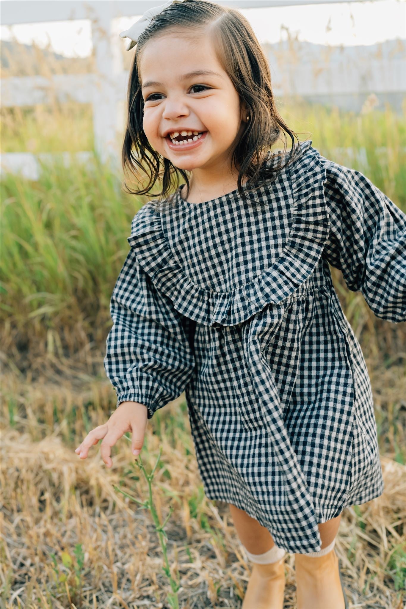 gingham long-sleeve ruffle linen dress