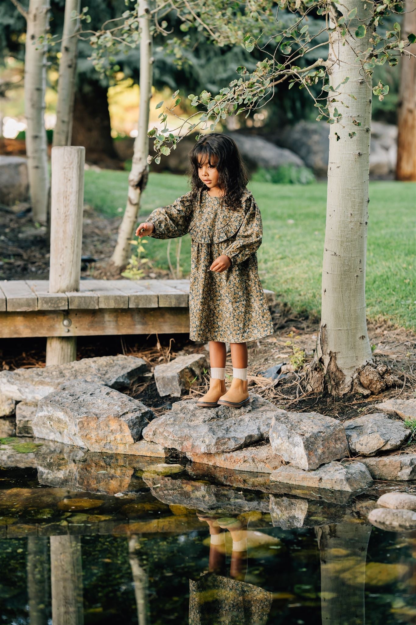 venetian floral long-sleeve ruffle cotton dress